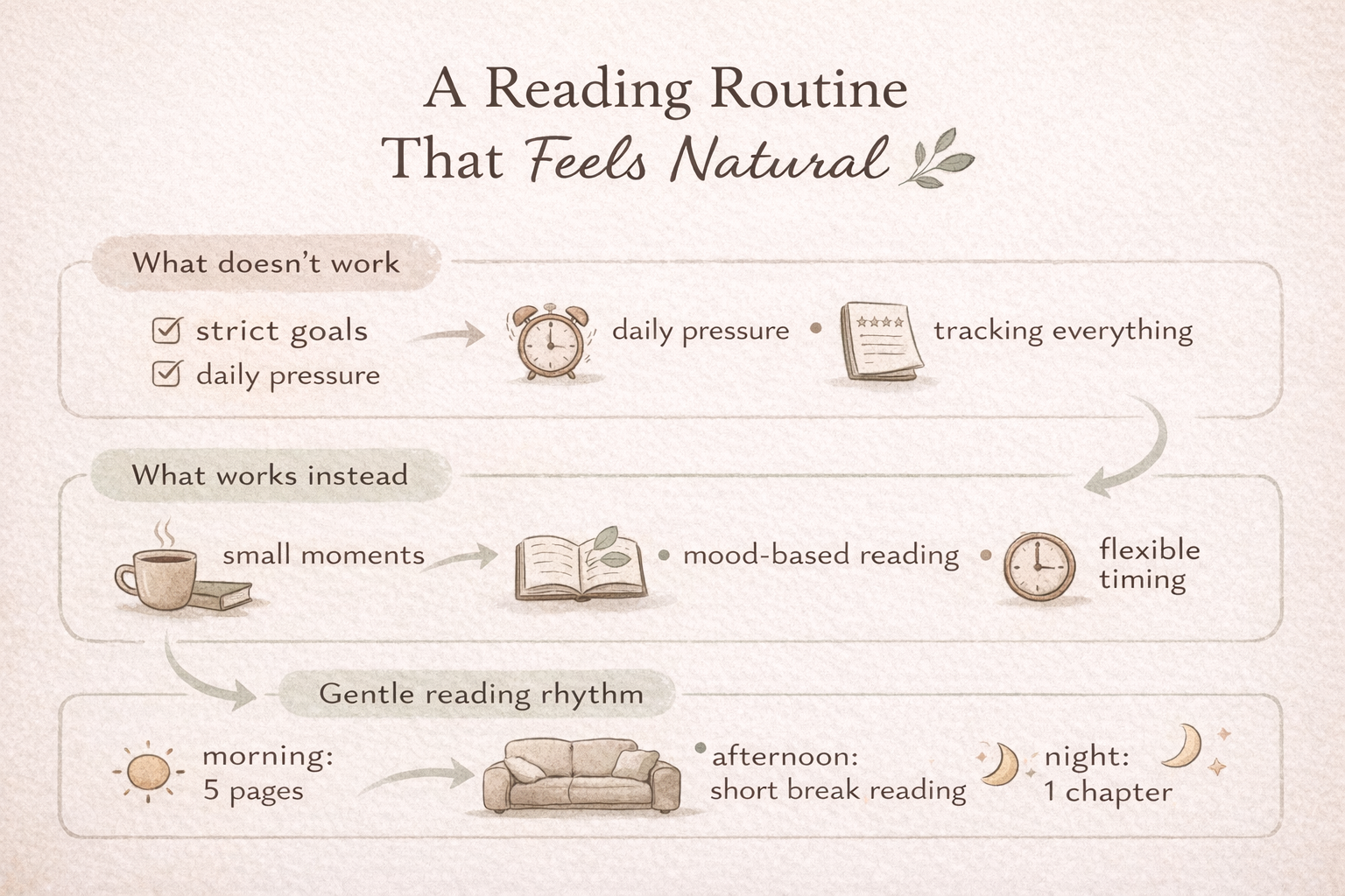 Infographic explaining a simple reading routine with flexible timing, small reading moments, and mood-based reading 